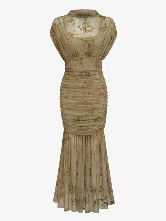 Party Dress Maxi Light Apricot Stand Collar Pleated Short Sleeves Printed Dress