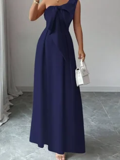 Party Dress Maxi Light Sky Blue One-Shoulder Flowers Sleeveless Asymmetrical Sweet Semi Formal Dress