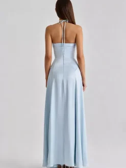 Party Dress Maxi Light Sky Blue Rhinestone Halter Satin Sexy Flowy Semi Formal Dress
