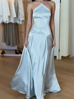 Party Dress Maxi Light Sky Blue Rhinestone Halter Satin Sexy Flowy Semi Formal Dress