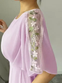 Party Dress Maxi Pink Jewel Neck Ruffles Half Sleeves Chic Semi Formal Dress