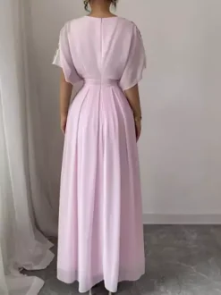 Party Dress Maxi Pink Jewel Neck Ruffles Half Sleeves Chic Semi Formal Dress