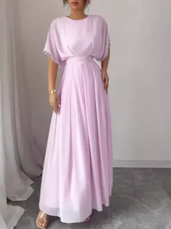 Party Dress Maxi Pink Jewel Neck Ruffles Half Sleeves Chic Semi Formal Dress