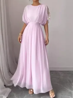 Party Dress Maxi Pink Jewel Neck Ruffles Half Sleeves Chic Semi Formal Dress