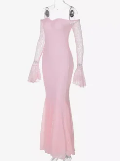 Party Dress Maxi Pink Off-The-Shoulder Lace Long Sleeves Pleated Chic Semi Formal Dress