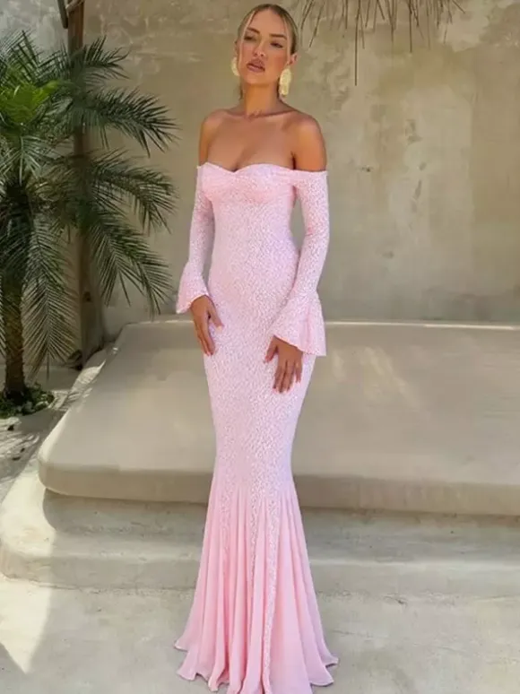 Party Dress Maxi Pink Off-The-Shoulder Lace Long Sleeves Pleated Chic Semi Formal Dress