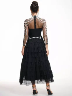 Party Dress Maxi Pink Stand Collar Beaded Long Sleeves Layered Flared Sleeves Chic Semi Formal Dress