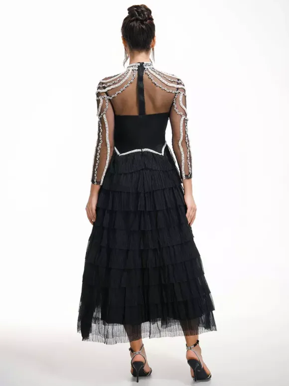 Party Dress Maxi Pink Stand Collar Beaded Long Sleeves Layered Flared Sleeves Chic Semi Formal Dress