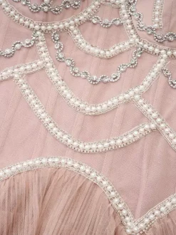 Party Dress Maxi Pink Stand Collar Beaded Long Sleeves Layered Flared Sleeves Chic Semi Formal Dress