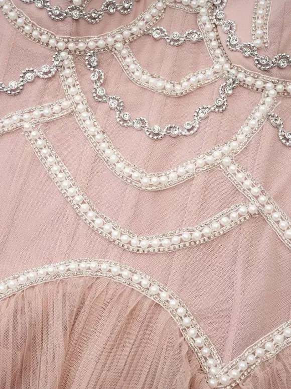 Party Dress Maxi Pink Stand Collar Beaded Long Sleeves Layered Flared Sleeves Chic Semi Formal Dress