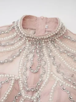 Party Dress Maxi Pink Stand Collar Beaded Long Sleeves Layered Flared Sleeves Chic Semi Formal Dress