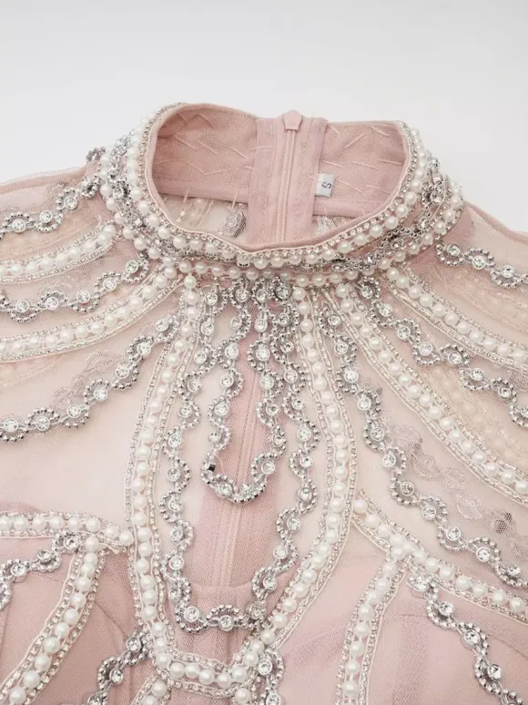 Party Dress Maxi Pink Stand Collar Beaded Long Sleeves Layered Flared Sleeves Chic Semi Formal Dress