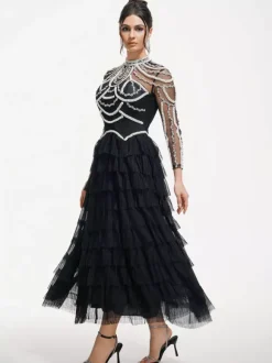 Party Dress Maxi Pink Stand Collar Beaded Long Sleeves Layered Flared Sleeves Chic Semi Formal Dress