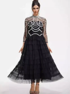 Party Dress Maxi Pink Stand Collar Beaded Long Sleeves Layered Flared Sleeves Chic Semi Formal Dress