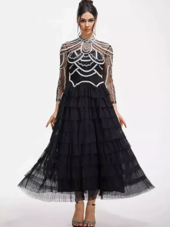 Party Dress Maxi Pink Stand Collar Beaded Long Sleeves Layered Flared Sleeves Chic Semi Formal Dress