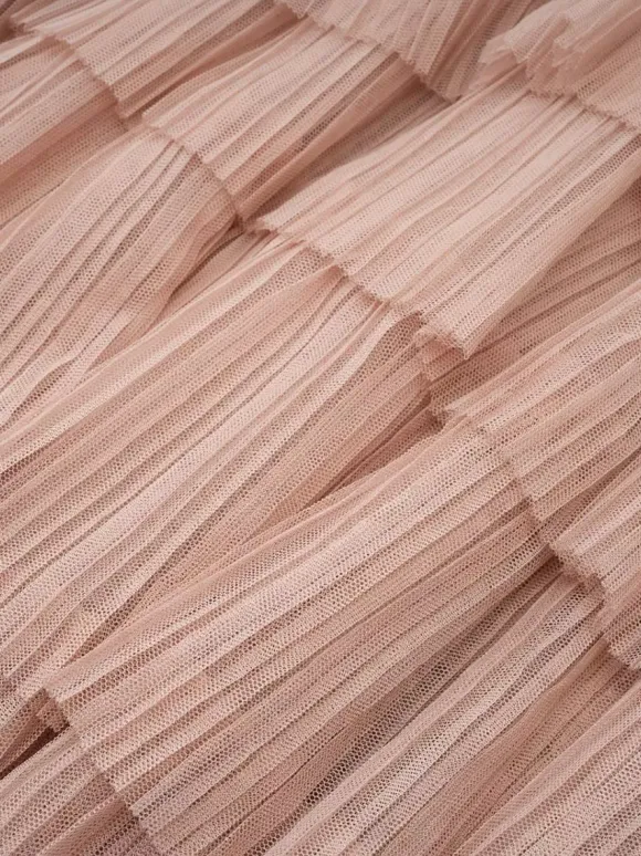 Party Dress Maxi Pink Stand Collar Beaded Long Sleeves Layered Flared Sleeves Chic Semi Formal Dress