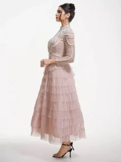 Party Dress Maxi Pink Stand Collar Beaded Long Sleeves Layered Flared Sleeves Chic Semi Formal Dress