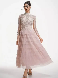 Party Dress Maxi Pink Stand Collar Beaded Long Sleeves Layered Flared Sleeves Chic Semi Formal Dress