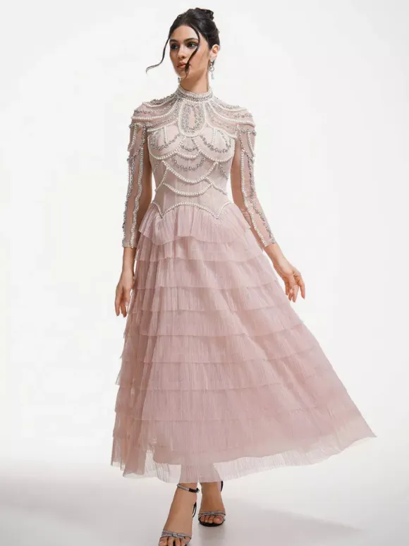 Party Dress Maxi Pink Stand Collar Beaded Long Sleeves Layered Flared Sleeves Chic Semi Formal Dress