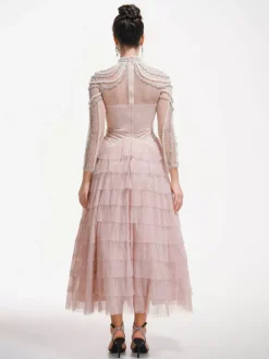Party Dress Maxi Pink Stand Collar Beaded Long Sleeves Layered Flared Sleeves Chic Semi Formal Dress