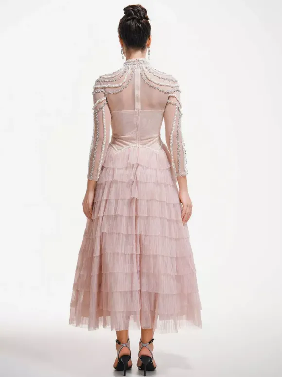 Party Dress Maxi Pink Stand Collar Beaded Long Sleeves Layered Flared Sleeves Chic Semi Formal Dress