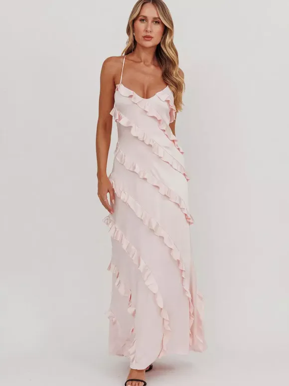 Party Dress Maxi Pink Straps Neck Ruffles Sleeveless Casual Semi Formal Summer Dress