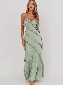 Party Dress Maxi Pink Straps Neck Ruffles Sleeveless Casual Semi Formal Summer Dress