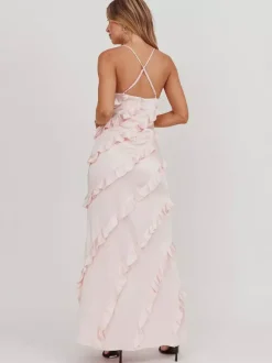Party Dress Maxi Pink Straps Neck Ruffles Sleeveless Casual Semi Formal Summer Dress