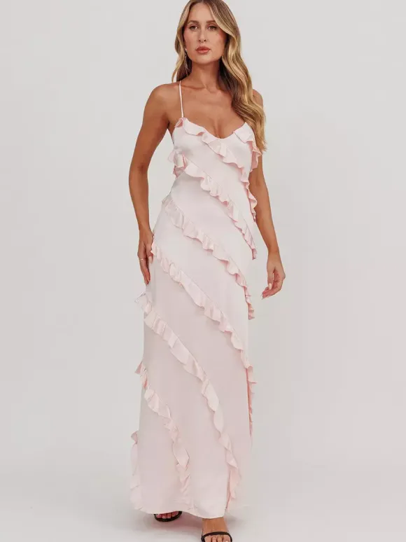 Party Dress Maxi Pink Straps Neck Ruffles Sleeveless Casual Semi Formal Summer Dress