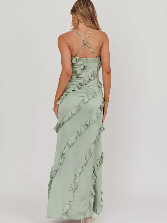 Party Dress Maxi Pink Straps Neck Ruffles Sleeveless Casual Semi Formal Summer Dress