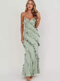 Party Dress Maxi Pink Straps Neck Ruffles Sleeveless Casual Semi Formal Summer Dress