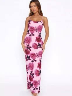 Party Dress Maxi Pink Straps Neck Sleeveless Printed Clothes Casual Semi Formal Dress