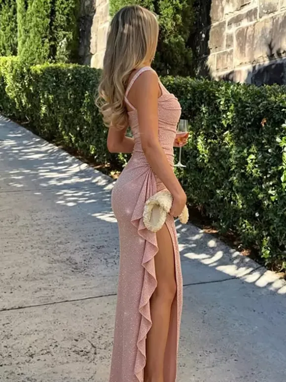 Party Dress Maxi Pink Straps Neck Ruffles Spaghetti Strap High Split Sexy Semi Formal Dress