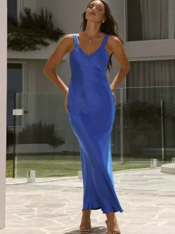 Party Dress Maxi Royal Blue Straps Neck Sleeveless Backless Sexy Semi Formal Gown