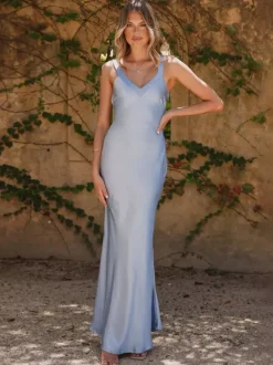 Party Dress Maxi Royal Blue Straps Neck Sleeveless Backless Sexy Semi Formal Gown