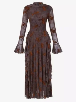 Party Dress Maxi Stand Collar Long Sleeves Floral Print Long Flared Sleeves Deep Brown Gown