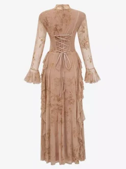 Party Dress Maxi Stand Collar Long Sleeves Floral Print Long Flared Sleeves Deep Brown Gown