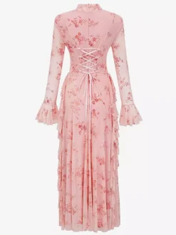 Party Dress Maxi Stand Collar Long Sleeves Floral Print Long Flared Sleeves Deep Brown Gown