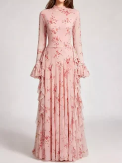 Party Dress Maxi Stand Collar Long Sleeves Floral Print Long Flared Sleeves Deep Brown Gown