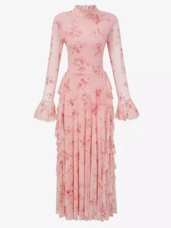 Party Dress Maxi Stand Collar Long Sleeves Floral Print Long Flared Sleeves Deep Brown Gown