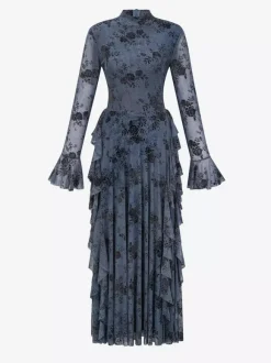 Party Dress Maxi Stand Collar Long Sleeves Floral Print Long Flared Sleeves Deep Brown Gown