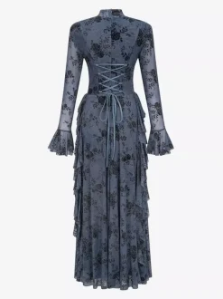 Party Dress Maxi Stand Collar Long Sleeves Floral Print Long Flared Sleeves Deep Brown Gown