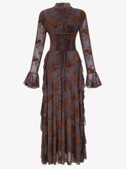 Party Dress Maxi Stand Collar Long Sleeves Floral Print Long Flared Sleeves Deep Brown Gown
