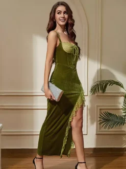 Party Dress Maxi Velvet Green Spaghetti Strap Neck Irregular Sexy Semi Formal Bodycon Dress