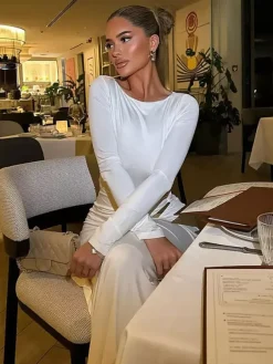 Party Dress Maxi White Jewel Neck Long Sleeves Sexy Semi Formal Dress