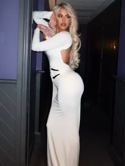 Party Dress Maxi White Jewel Neck Long Sleeves Sexy Semi Formal Dress