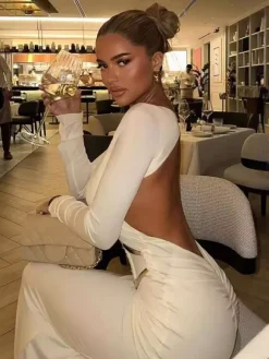 Party Dress Maxi White Jewel Neck Long Sleeves Sexy Semi Formal Dress