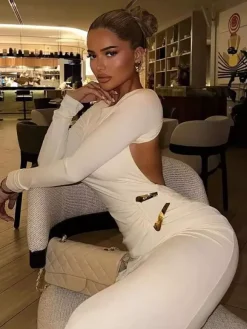 Party Dress Maxi White Jewel Neck Long Sleeves Sexy Semi Formal Dress