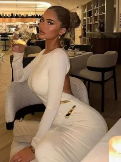 Party Dress Maxi White Jewel Neck Long Sleeves Sexy Semi Formal Dress