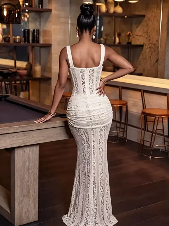 Party Dress Maxi White Neck Lace Spaghetti Strap Corset Bodycon Mermaid Dress